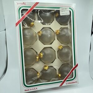 Vintage Box of 12 Pyramid Clear Frosted Ornaments Glass Balls Christmas USA